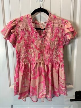 JODIFL Pink and Cream Smocked Flutter Sleeve Blouse